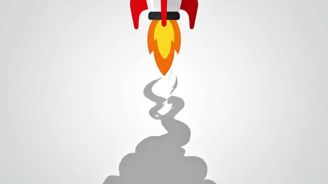 Flat rocket icon appearing with scale bounce animation, surrounded by UI icons (gear, cloud, chart), smooth staggered motion, clean modern interface style, minimal layout, soft shadows, 4K ultra HD