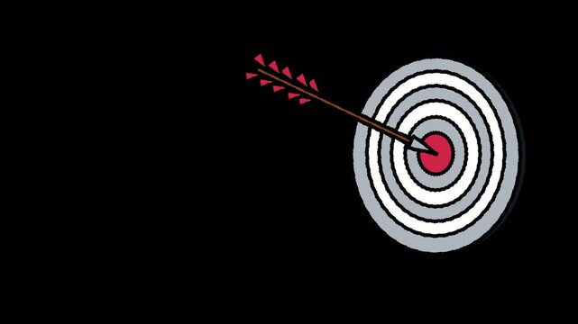 4K animation of an arrow hitting the red bullseye of a target. Minimalist concept for success, goal achievement, and precise targeting on transparent background, seamless loop.
