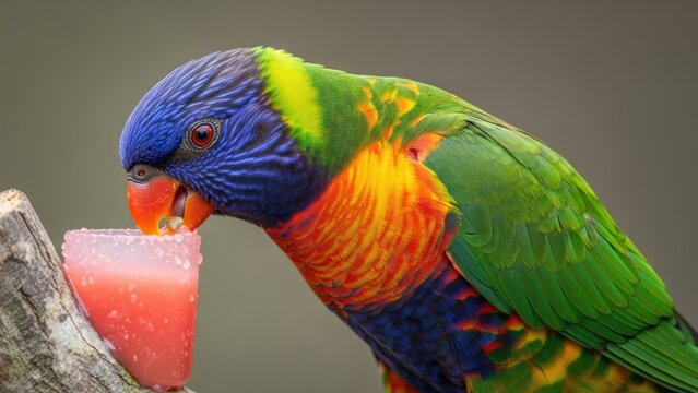 A vibrant parrot with multi-colored plumage drinks juice from a pink container, perched on a branch