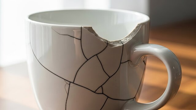 Broken Ceramic Mug with Cracks and Chipped Rim