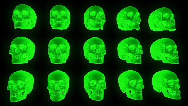 Rows of glowing, stylized human skulls against a stark black background
