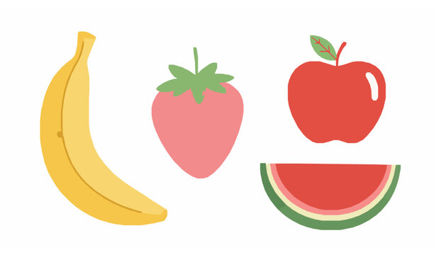 Cute handmade fruit vector banana strawberry apple watermelon colorful doodle set