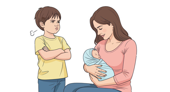 Jealous older brother, mother holding newborn baby, family dynamics, sibling rivalry concept