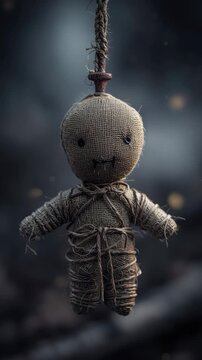 Handmade voodoo doll hanging from rope, woven bamboo straw occult rag doll closeup, spooky eerie horror dark background
