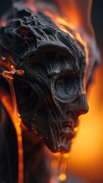 Burning black wax figure sculpture melting with flame, dramatic macro closeup of molten drips, dark texture and heat glow horror