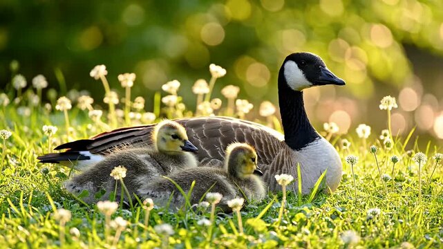 A mother goose rests with her goslings in a sun-drenched grassy field.