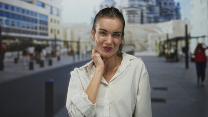 Fototapeta premium Woman young hispanic with hand on chin points finger to camera on a busy city street wearing white shirt and looking at lens; thoughtful curiosity.