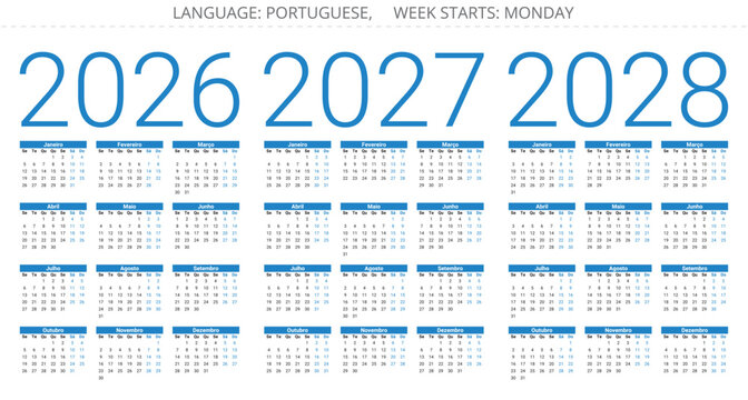 Portuguese calendar set for 2026, 2027, 2028 years. Simple vector illustration Portugal