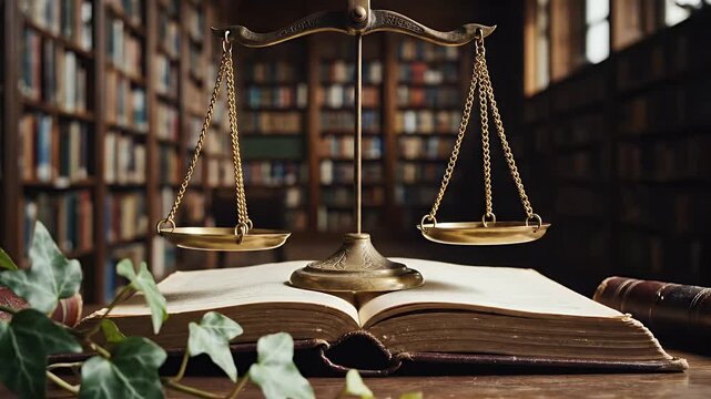 Golden scales of justice resting on an open book in a library