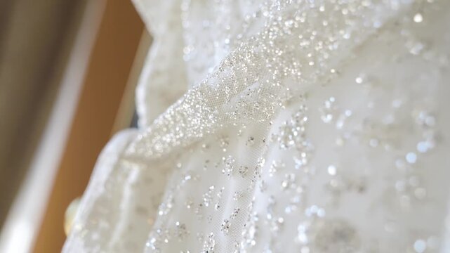 Close up of elegant white wedding dress with sparkling sequins and lace details hanging indoors