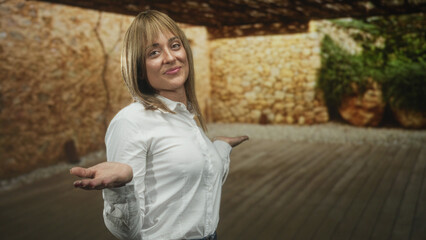 Obraz premium Woman smiling with palms up gesture in a stone building interior with wooden floor and plant near a wall; cheerful welcome.