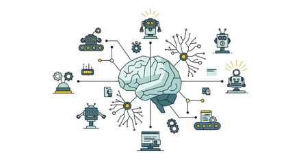 Fototapeta premium Artificial intelligence concept with brain connected to various robots on white
