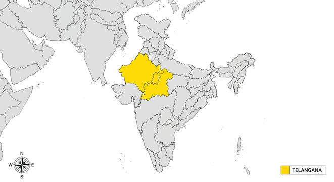 Map of Telangana, India highlighted in yellow on the Indian subcontinent map