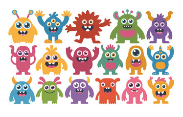 Naklejka premium cartoon monster collection, twenty different creatures with unique shapes and expressions, colorful funny and spooky characters, fantasy imagination concept, playful vector illustration set.