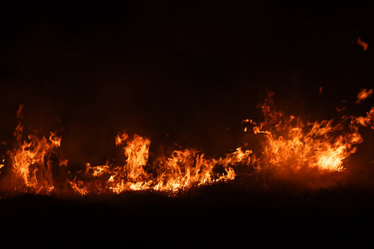 Burning fire flames isolated on dark background with smoke, dramatic wildfire effect, high contrast fire texture for overlay and design use.