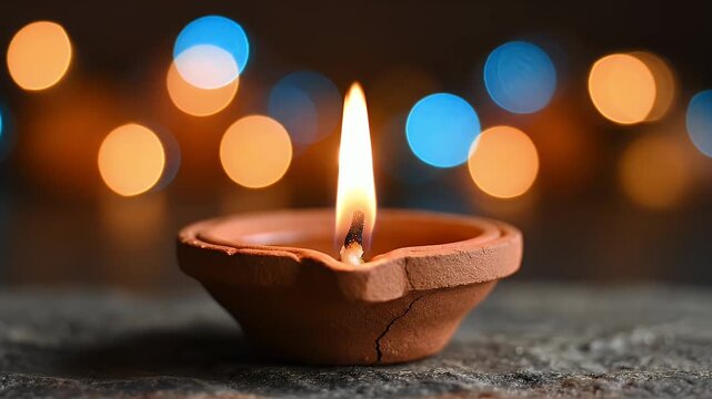 A single clay diya lamp burns brightly with a warm flame and bokeh lights