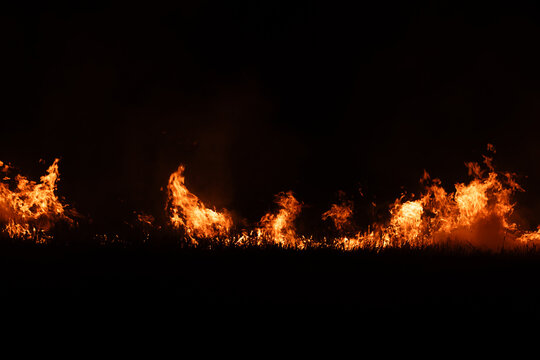 Burning fire flames isolated on dark background with smoke, dramatic wildfire effect, high contrast fire texture for overlay and design use.