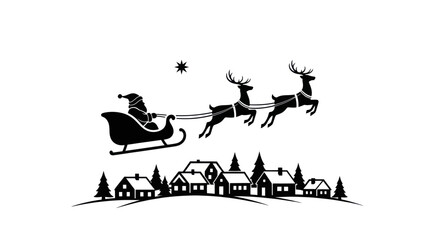 Santa Claus flying in sleigh pulled by reindeer over village silhouette at night © Kuning