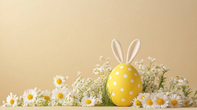 easter-themed image featuring a yellow egg with bunny ears and white polka dots on a beige background, along with other easter eggs and flowers