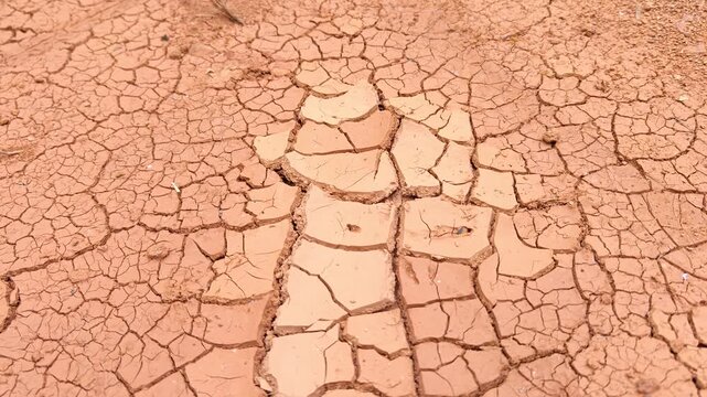 Closeup of cracked orange soil texture due to hot sunlight in the afternoon. Handheld footage.