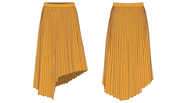 A stylish mustard yellow pleated midi skirt depicted in a clean, professional fashion flat illustration. Featuring a distinct asymmetrical hemline