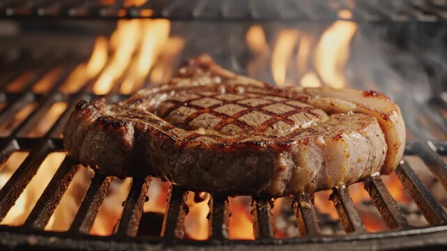 Slow motion close-up of juicy steak grilling on flaming charcoal barbecue in 4k