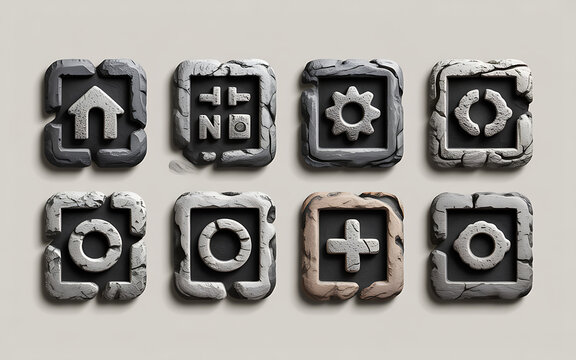 Set of Stone Icons with Geometric and Symbolic Designs
