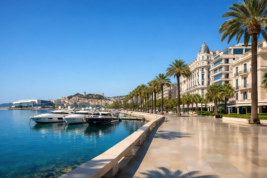 Cannes, France. Vibrant panoramic harbor scene in a Mediterranean coastal town featuring colorful hillside buildings, calm blue water, and moored boats along a lively waterfront promenade