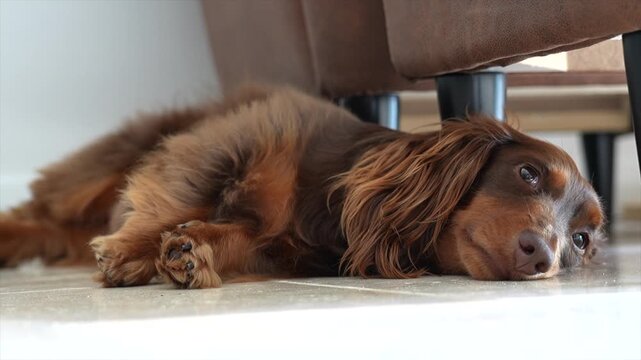 Long haired dachshund sleeping on floor under sofa wakes upa suddenly and looks around
