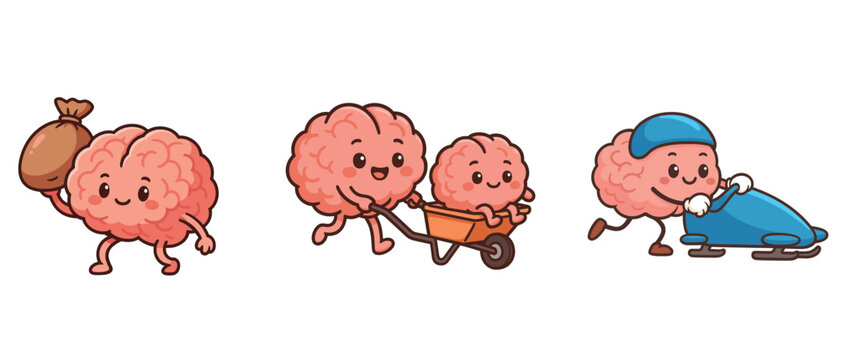 Cute cartoon brain characters playing and working vector illustration