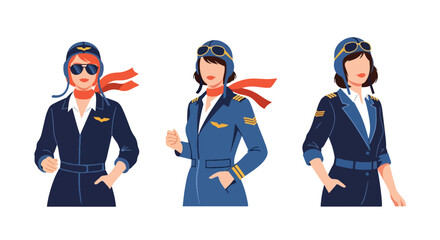 Collection set vector flat style of 3 female pilots in aviation uniforms, airline professional characters isolated on clean background for travel and transportation concepts © Amie