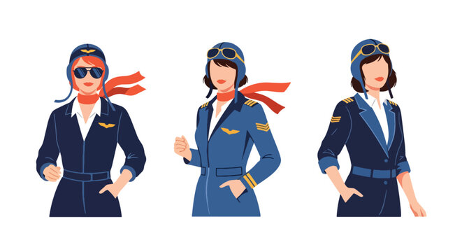 Collection set vector flat style of 3 female pilots in aviation uniforms, airline professional characters isolated on clean background for travel and transportation concepts