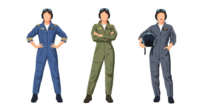 Collection set vector flat style of 3 female pilots in aviation uniforms, airline professional characters isolated on clean background for travel and transportation concepts