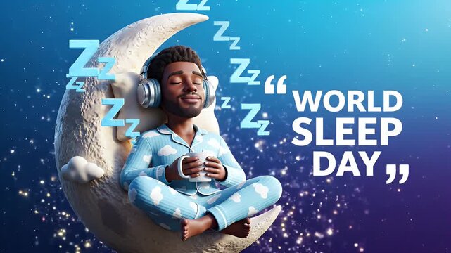 Man in pajamas listens to music while resting on the moon for world sleep day