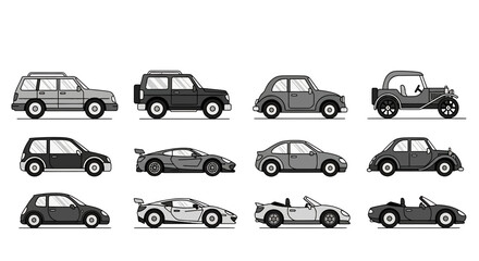 Fototapeta premium Collection of various cars and SUVs in profile view on white background car vehicle vehicles