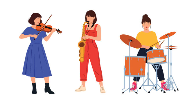 Collection set vector flat style of 3 female musicians, modern music band characters isolated on clean background for entertainment and performance concept