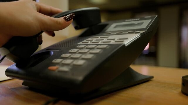 Extreme close-up of a woman's hand answering a vintage black multi-line office desk phone on a wooden surface. Warm, blurred office interior in background suggests a pro