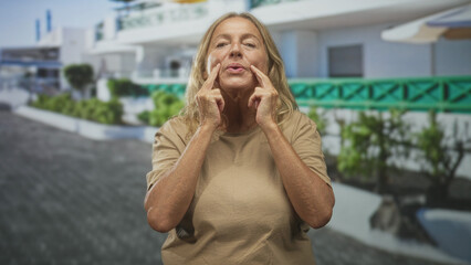 Fototapeta premium Senior woman presses fingers to cheeks while performing facial exercises in front of a white seaside building; self care contentment.
