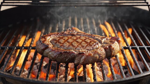 Juicy ribeye steak cooking on a hot grill with flames