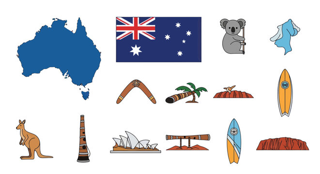 Australia Icons: Map, Flag, Kangaroo, Koala, Sydney Opera House, Uluru