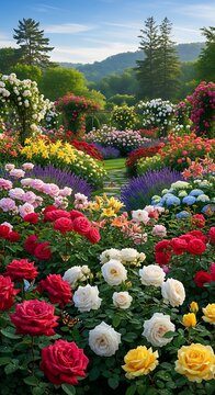 Vibrant Garden of Roses and Flowers in Full Bloom.