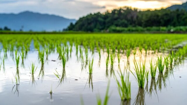 Young rice plants in flooded fields with a mountain backdrop at dusk
