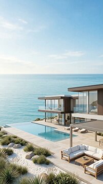 Modern luxury villa with infinity pool overlooking the ocean at sunset