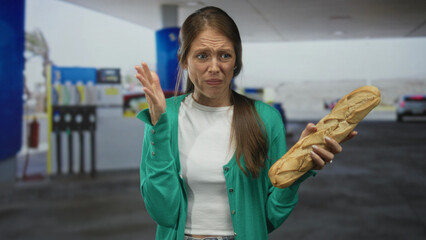 Woman pinches nose while holding a baguette at a petrol station street with visible fuel pumps and cars  disgust. © Krakenimages.com