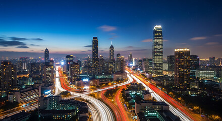 Naklejka premium Striking Nighttime Urban Landscape with Light Trails from Traffic on a Highway Overpass