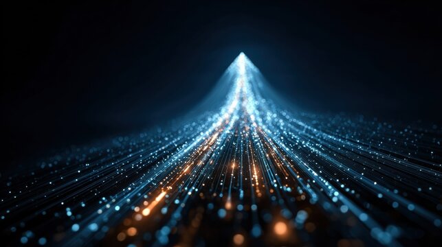 Flowing digital lines converge into a bright peak with bokeh