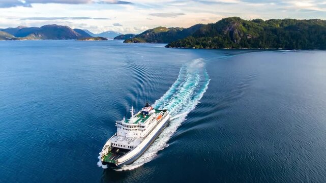 A ferry sails through a fjord, leaving a wake, with forested mountains