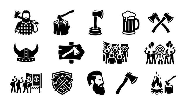 Lumberjack and Axe Throwing Silhouette Icon Set &ndash; Woodcutting, Outdoor Activity, Beer and Viking Symbols