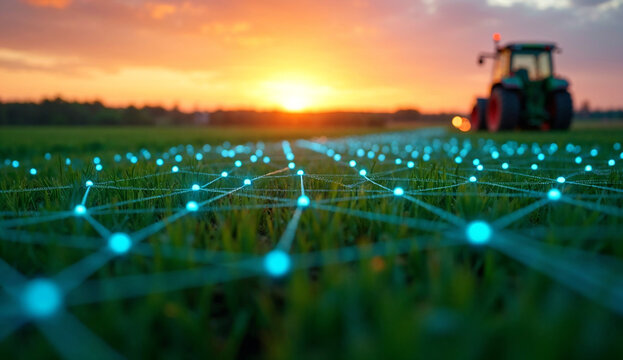 Green crop fields at sunset with glowing blue digital grid network representing smart farming and tractors in the background