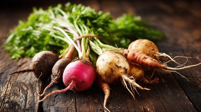 Fresh root vegetables display on wooden surface for healthy eating concept
